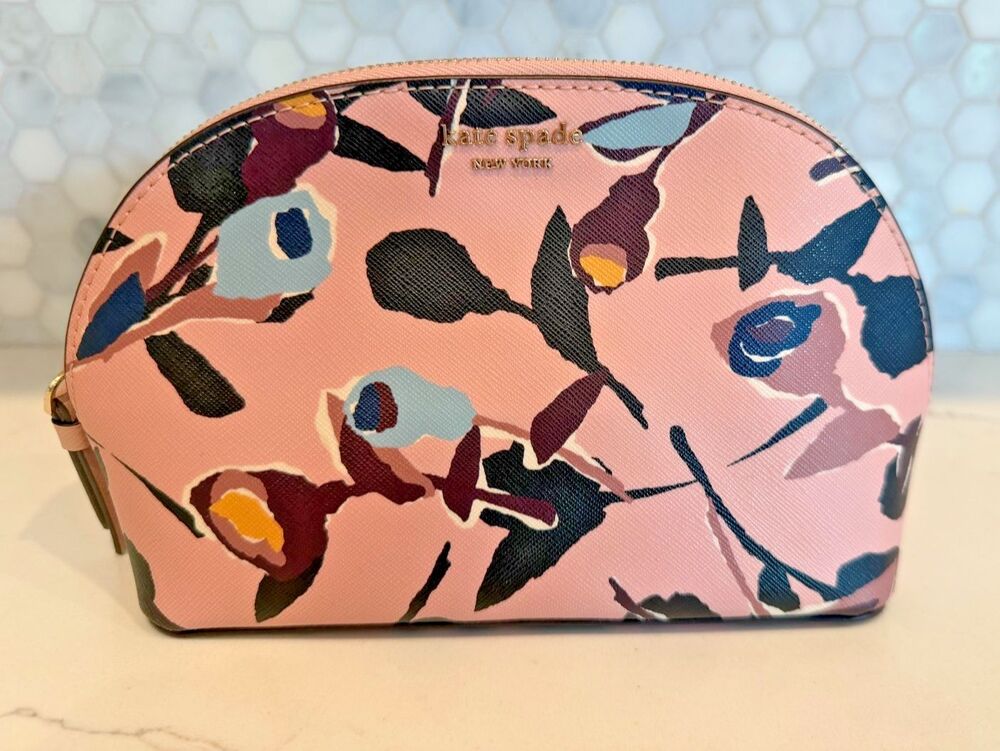 Kate Spade Cameron Pink Paper Rose Medium Dome Cosmetic Case Makeup Bag NEW